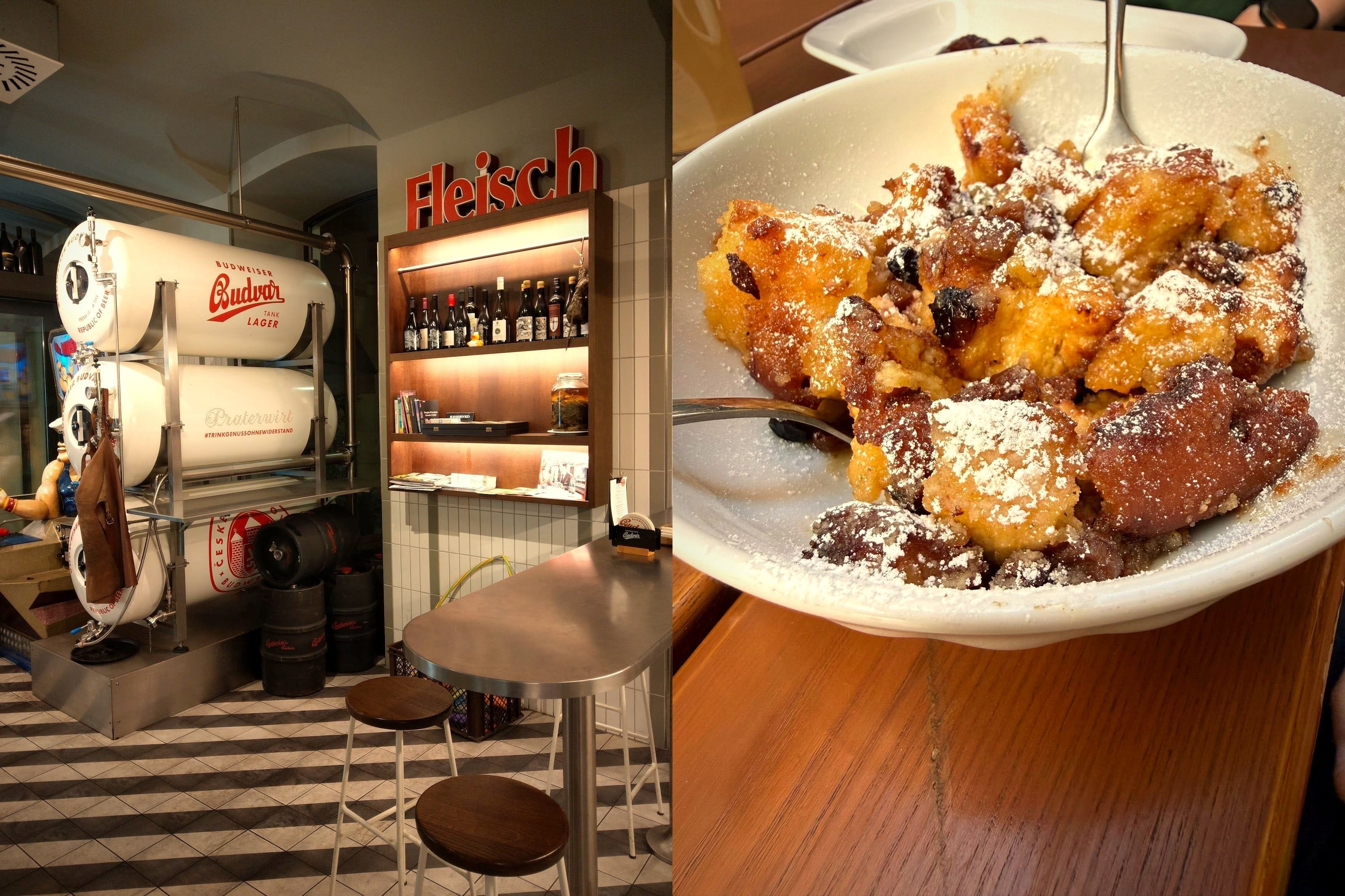Links die Schank des Praterwirt mit den liegenden Biertanks und dem roten Schriftzug „Fleisch“ über dem gestreiften Fliesenboden, rechts Kaiserschmarrn mit Staubzucker