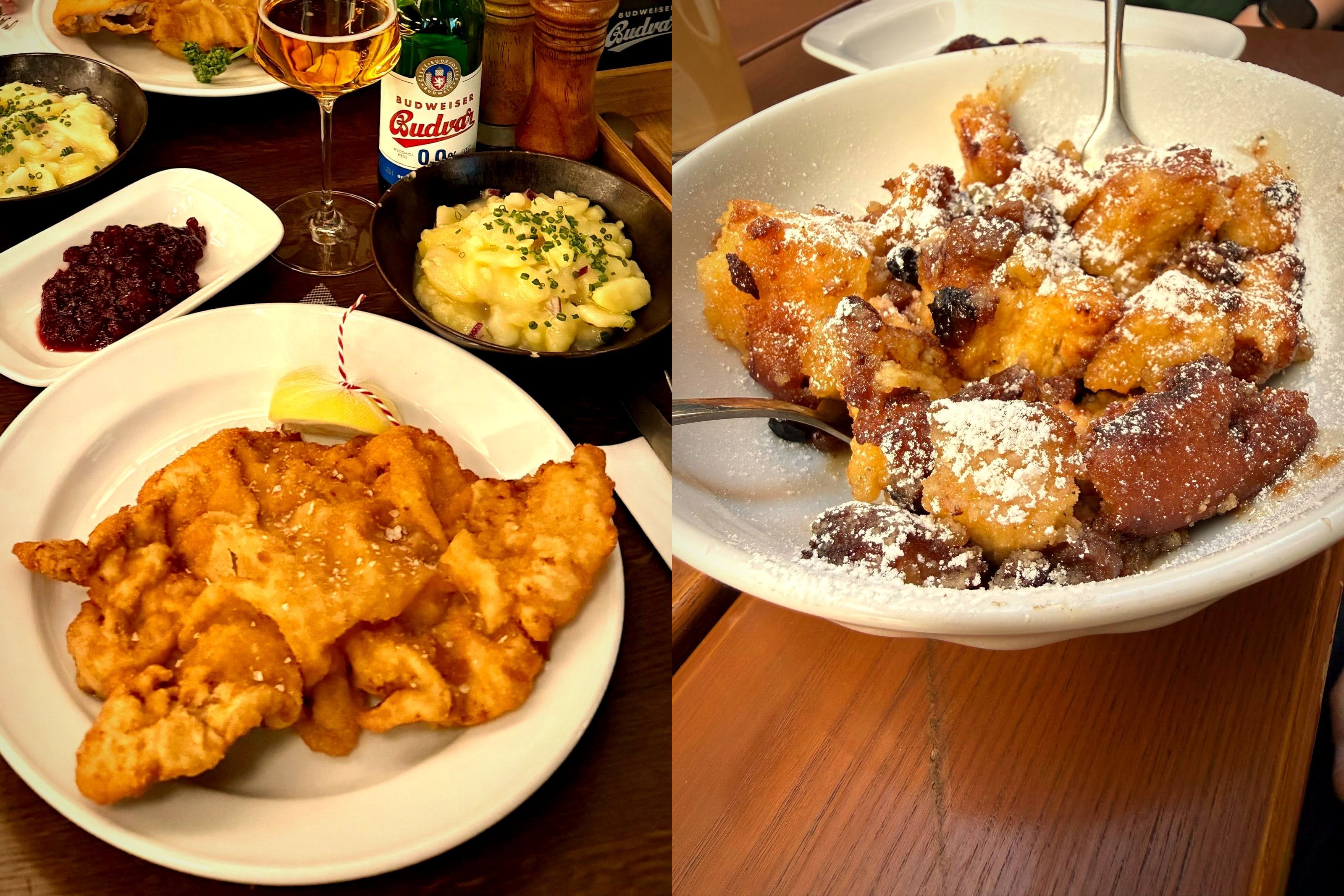 Links ein Wiener Schnitzel mit Zitrone, Erdäpfelsalat und Preiselbeeren, rechts Kaiserschmarrn mit Staubzucker – zwei Tische im Praterwirt
